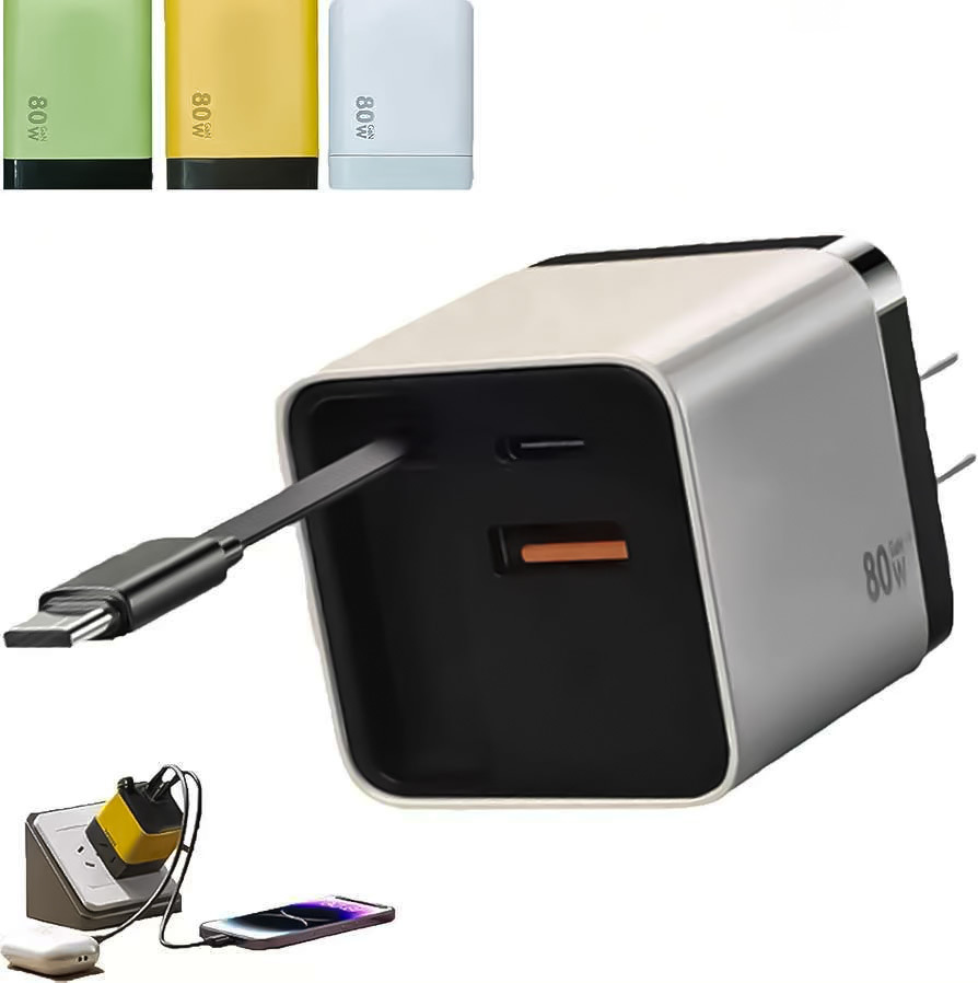 Cargador de nitruro de galio de 80W con cable retráctil tipo C, adecuado para teléfonos móviles Apple y Huawei, cabezal de carga rápida PD.
