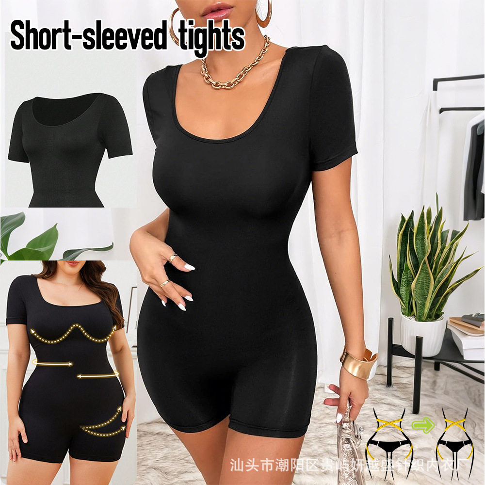 Cross-border short-sleeved body-shaping garment compression design strong belly-tucking and hip-lifting elastic shaping seamless process tight chest-supporting waist
