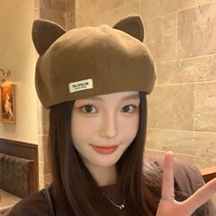 百搭毛呢画家帽保暖防风南瓜帽可爱猫耳朵贝雷帽子女春秋新款日系
