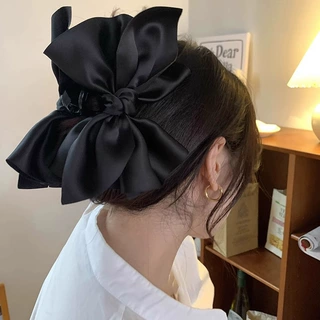 大蝴蝶结很显头缎面黑色发抓鲨鱼夹女发夹后脑勺高级感盘发卡抓夹