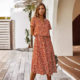 2022 Amazon New Spring and Summer Short-sleeved V-neck Small Floral Polka Dot Red Dress European and American Elegant Dress Long Dress