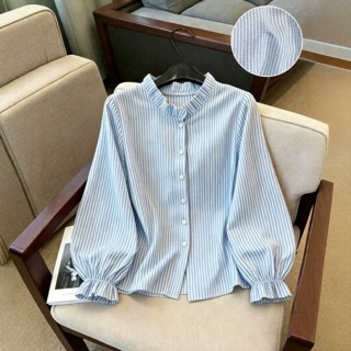 跨境定制竖条纹木耳边立领衬衫女春秋宽松泡泡袖荷叶袖口女衬衣