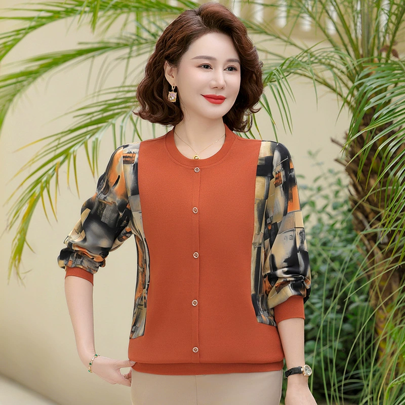 Иностранная мама средних лет нижняя рубашка женская весна 2025 новая футболка с длинными рукавами женская рубашка свободная топ большого размера