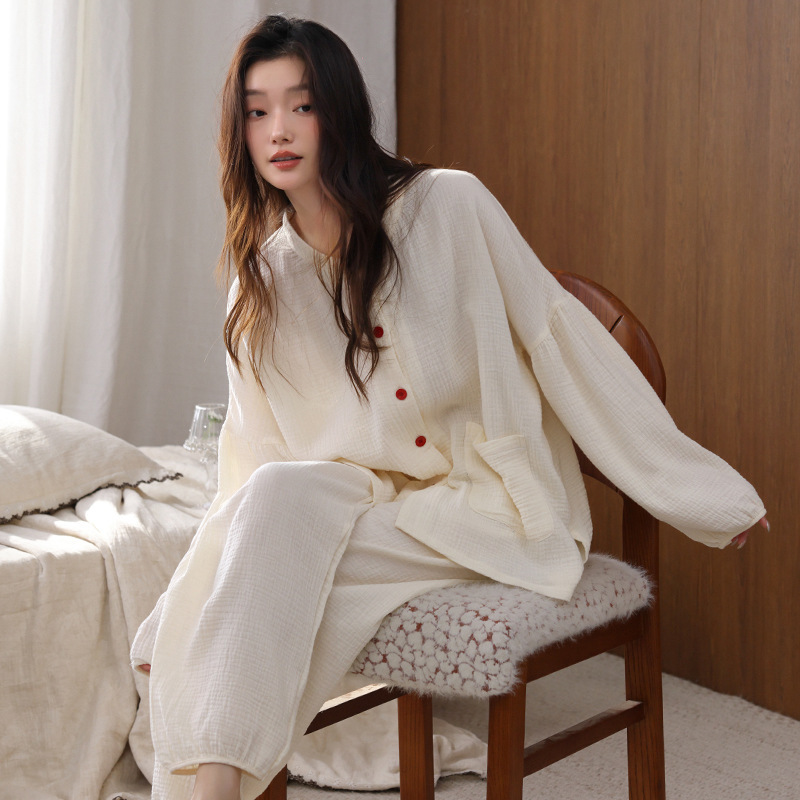 Baby cotton pajamas for women, spring and autumn, pure cotton, long-sleeved, double-layer gauze, soft and relaxed feel, all-cotton home wear set