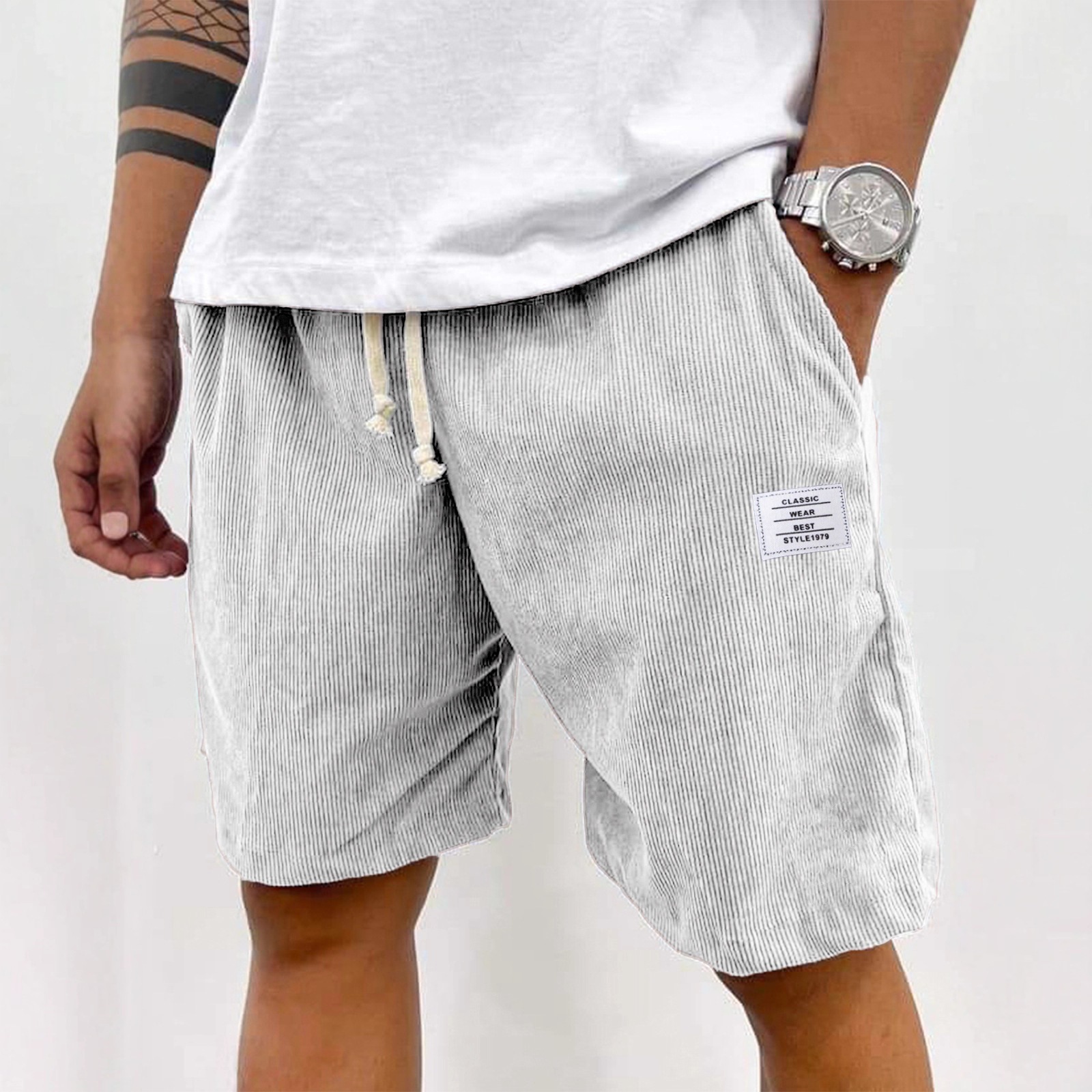 Men's Casual Drawstring Shorts New Style Versatile Trendy Five Point Pants Thin Pocket White Label_viptrois.com