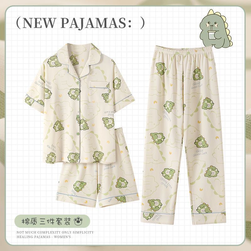 [Conjunto de tres piezas] 100% algodón pijamas de dibujos animados de verano de las mujeres de manga corta delgada de verano lindo desgaste del hogar al aire libre