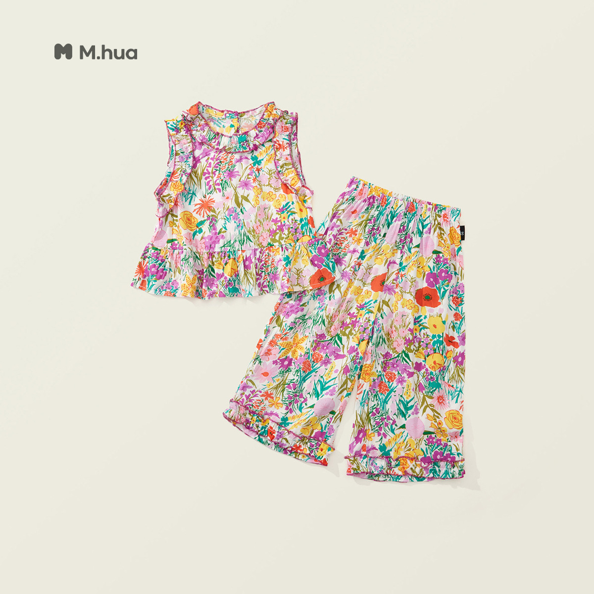 2025 Summer New Style Girls' Floral Print Set: Korean Style Lace Sleeveless Top and Wide-Leg Pants Two-Piece Set Wholesale