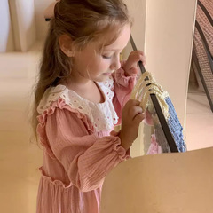 女童連衣裙2024春季新款兒童純色甜美長袖公主裙寶寶洋氣蓬蓬裙子