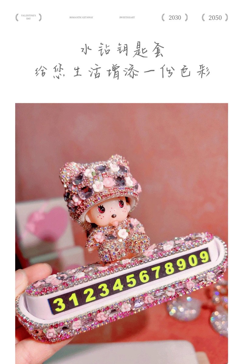 Car temporary parking number plate, car parking sign ornament, diamond-encrusted, popular style for girls