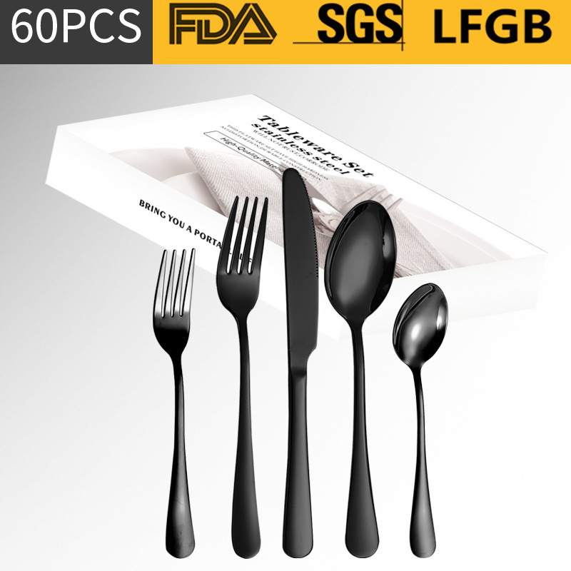 Amazon Venta caliente vajilla de acero inoxidable 20/40/60 unidades conjunto 1010 serie 5 piezas principales caja simple cuchillo, tenedor y cuchara traje