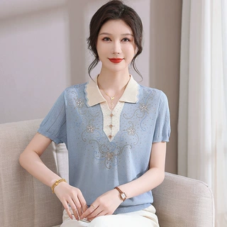 妈妈夏装新款洋气短袖T恤上衣中老年女夏季翻领镶钻冰丝针织小衫