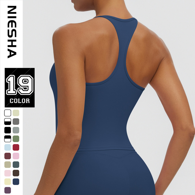Cross-border solid color sports backless bra with chest pads, racerback tank top, casual yoga wear, tight-fitting quick-dry fitness top