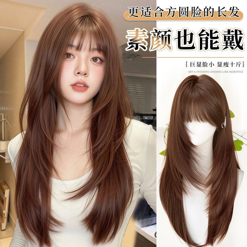 Full Head Wig for Women with Bangs, Long Straight Hair, Korean Style, Caramel Color, High Layering, High Crown, Realistic Hair, Full Head Wig Full Head Wig for Women with Bangs, Long Straight Hair, Korean Style, Caramel Color, High Layering, High Crown, Realistic Hair, Full Head Wig