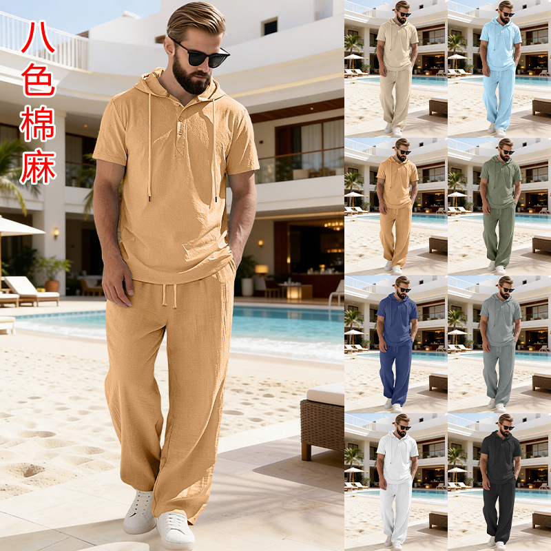 Transfronterizos Europa y América Amazon hombre nuevo encapuchado abrazado camisa de algodón y lino de manga corta casual pantalones largos de manga corta set hombre