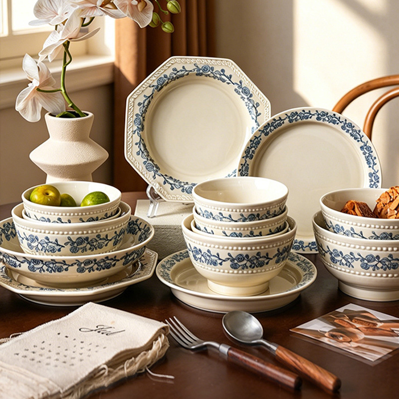 Underglaze Color Vintage Ceramic Tableware and Dish Set with Embossed Design, New French Style Individual Pieces for Home Use, Housewarming Tableware Wholesale