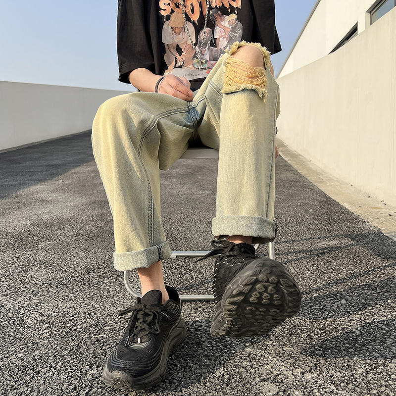 Straight-Leg Jeans for Men, New Summer Design, Casual and Versatile Ripped Jeans, Straight-Leg Plus Size Student Trendy Pants