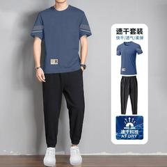 冰感休闲套装男士夏季透气速干弹力短袖长裤男圆领运动服套装男潮