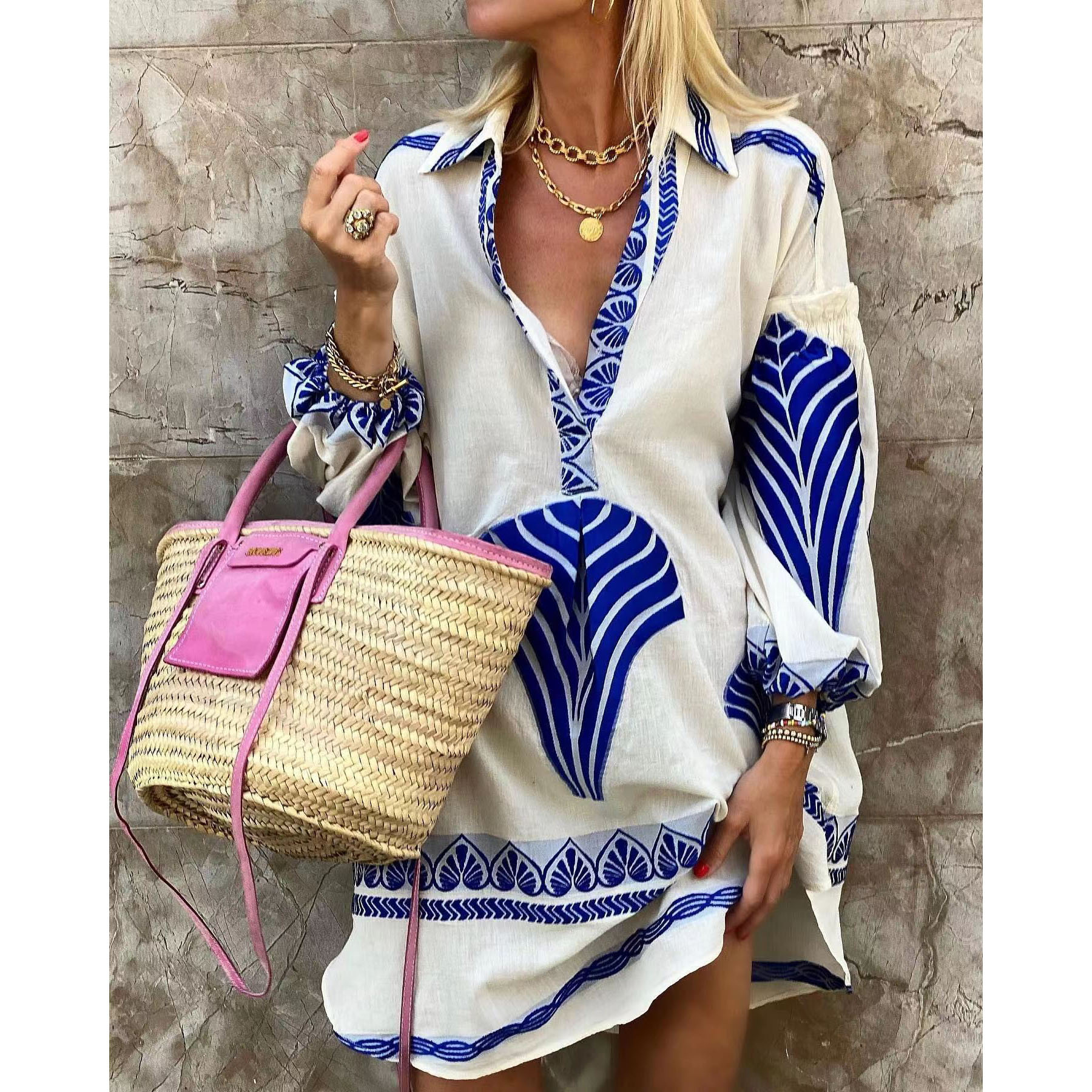 Long Top Length Blouse Tops Type Daily Occasion V Neck Neckline Breathable Function Wholesale Women'S Fashion Flower Long Sleeve Printing Blouses