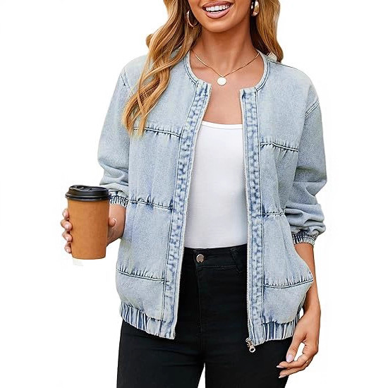 Denim Jacket Women's 2025 Autum Cross-Border New Style Washed Loose Round Neck Zipper Light Blue European and American Denim Jacket