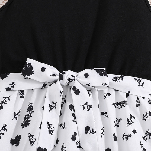 2024 Summer Girls' Dress: Sleeveless Patchwork Design, Chic Ruffled Hem, Floral Print — Cross-Border Children's Color-Block Skirt