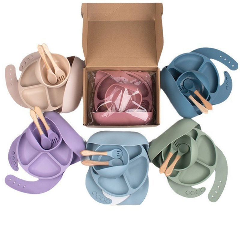 跨境食品级硅胶儿童喂养餐具套装围兜勺叉餐碗婴幼儿辅食母婴用品