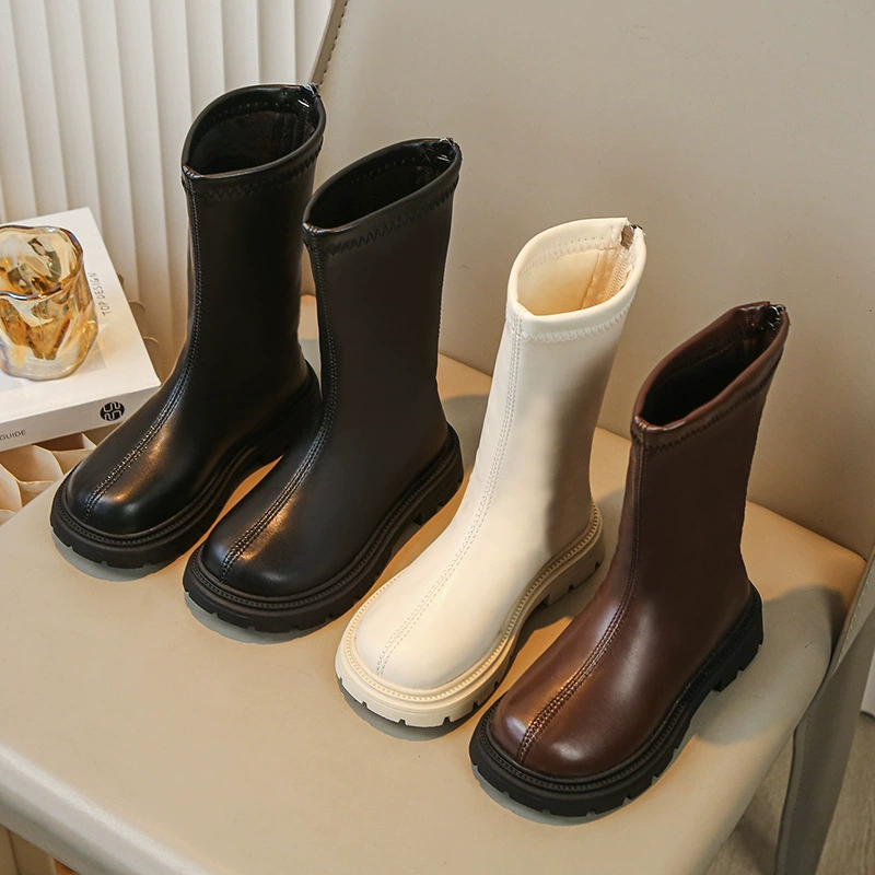 Детские сапоги для девочек, высокие кожаные сапоги до середины икры, высокие сапоги для девочек на мягкой подошве из тонкого вельвета, на флисовой подкладке для тепла, зимний стиль.