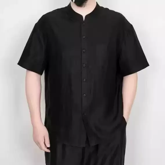 香云纱黑龟纹夏季短袖长裤套装休闲男裤子休闲裤宽松简约木扣上衣