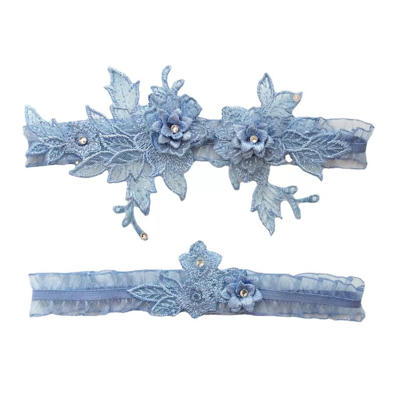 European and American bride's blue set of stockings with embroidered garter, high-elasticity three-dimensional floral rhinestone leg ring, wedding accessory