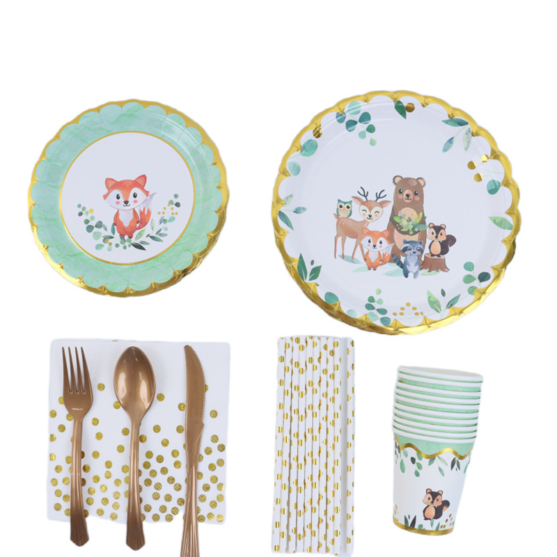 Cartoon Fresh Fox Holiday Picnic Tableware, Thick Disposable Cake Knife Fork Plate Birthday Party Tableware