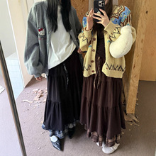 ME KAKAMEE十三行冬双层设计拼接格纹内里加绒复古蛋糕半身裙 875