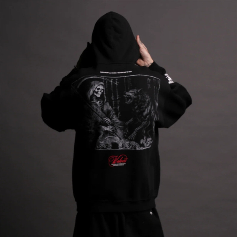 Darc Trendy Brand Winter New Retro Skull Wolf Print Black Hip-Hop Hooded Velvet Sweatshirt Sports Top