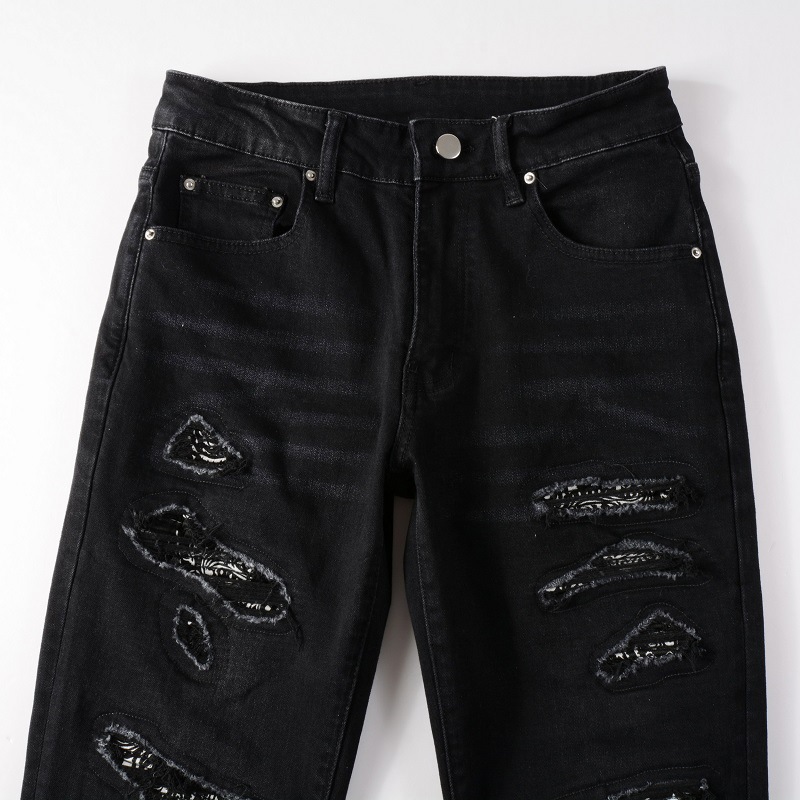 Herrenbekleidung Jeans Herren Cashew Blumen Patch Street Fashion Marke Slim Fit Röhrenjeans mit Löchern_voghion.com