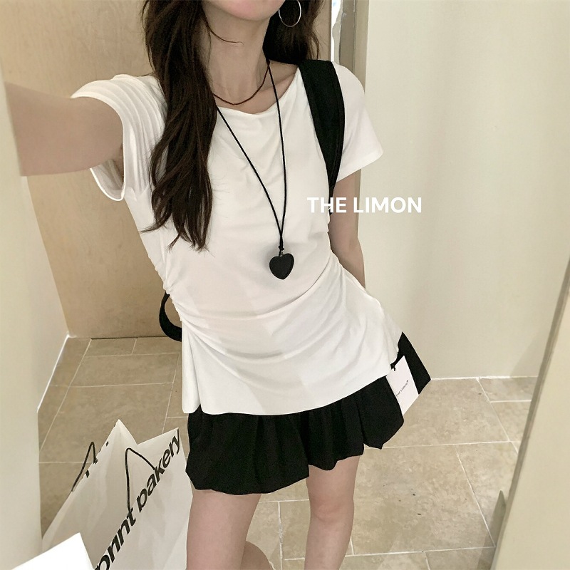 THE LIMON Lemon Green Tea Coreano Pure Wind Sin espalda Encaje Cintura Delgado Camiseta de manga corta Mujer