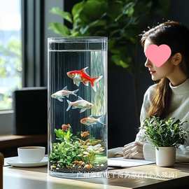 透明圆柱形小型塑料亚克力鱼缸客厅家用圆形防摔玻璃金鱼缸仿桌面