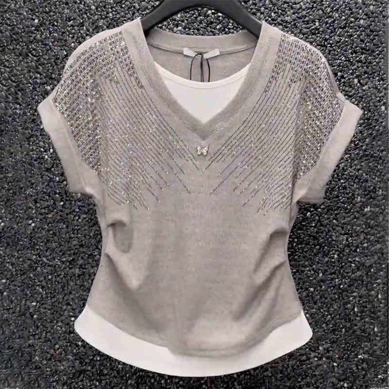 Factory direct praise 90% cotton 10% spandex hot drilling stitching fake two cotton short sleeve T-shirt women's top Factory direct praise 90% cotton 10% spandex hot drilling stitching fake two cotton short sleeve T-shirt women's top