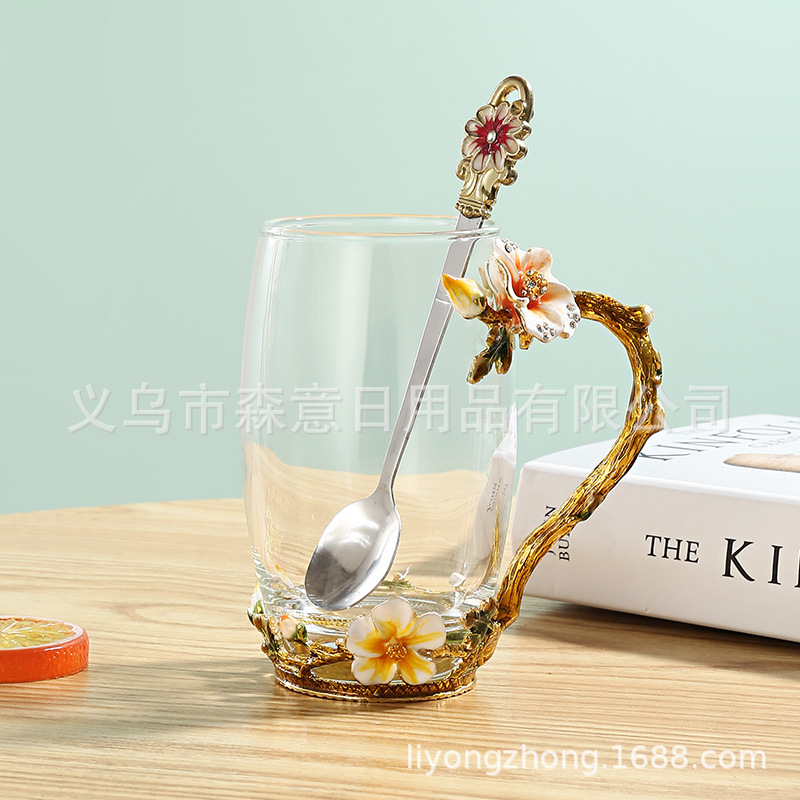 Esmalte taza de agua de color flor creativa taza de té taza de jugo taza de vidrio de cristal resistente al calor taza de café taza de pareja de gama alta regalo de la taza