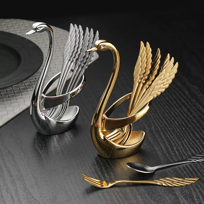 天鹅座勺叉套装甜品勺水果叉不锈钢羽毛咖啡勺蛋糕叉桌面摆台收纳