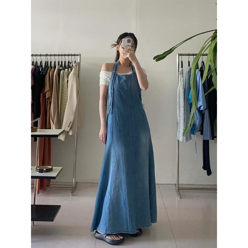 Korean Summer New Halter Neck A-Line Super Long Denim Dress