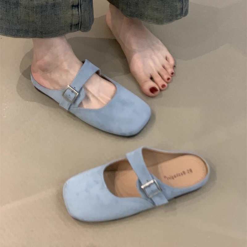 Gentle Fairy Baotou Half Slippers 2025 New French Sweet Cute Suede Square Toe Slip-on Borken Shoes