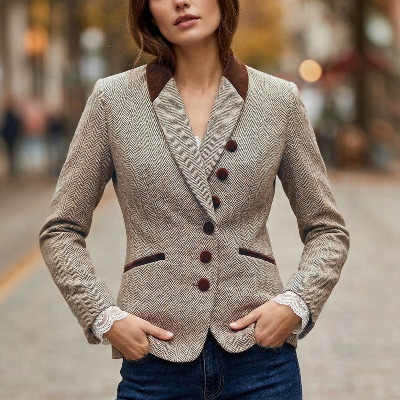 Customized Cross-Border British-Style Color-Blocked Lapel Women's Suit, Slim-Fit Women's Blazer, Direct from the Source Factory