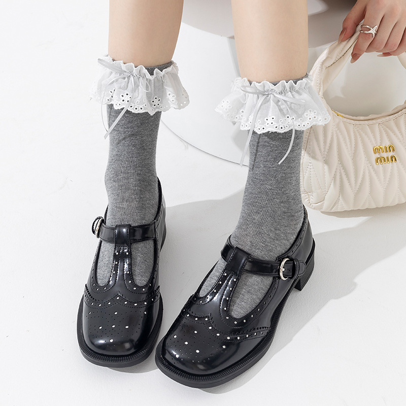 Botas, lazo de encaje de algodón, Lolita, montones de calcetines, mujeres, primavera y otoño, linda niña, calcetines sin huesos estilo ballet miu