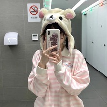 日系可爱刺绣粉色条纹卫衣女秋冬新款甜美软妹polo领上衣女学院风