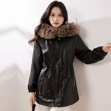 2024冬季皮衣外套女连帽带毛领中长款抽绳收腰显瘦加绒加厚皮大衣