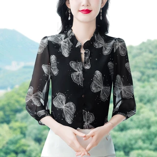 工厂现货2024实拍夏新款气质复古百搭拼接衬衫七分袖女荷叶领上衣