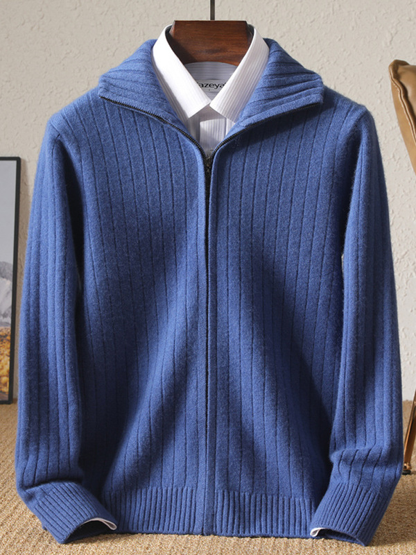 Autumn and Winter New Large Size Jacket Business Casual Knitted Sweater All Wool Cardigan Men's Half Turtleneck Zipper Thickeneding