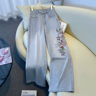 高端刺绣花阔腿牛仔裤女2026夏季新款高腰窄版宽松垂感休闲直筒裤