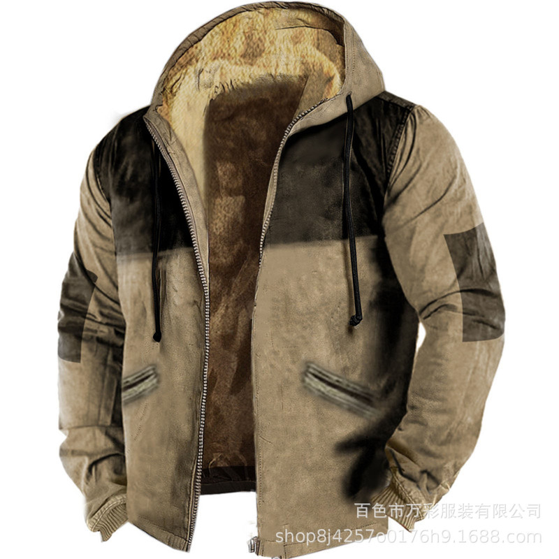 European and American Cross-Border Trendy Velvet Thickeneded Cotton Jacket Brown Double-Layer Lining 3D Digital Printing Zipper Cotton Jacket for Men