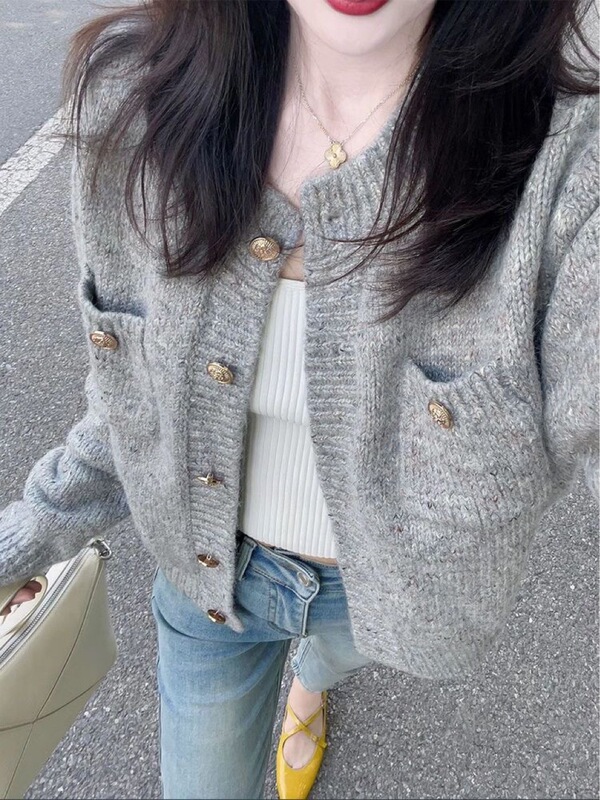 法式复古小香风灰色针织开衫毛衣女软糯高级感慵懒风外套上衣秋冬|undefined