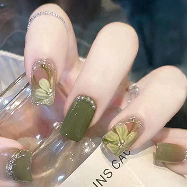 Green fresh wearing nail Pearl Camellia nail paste powder through short white fake nails finished wholesale Green fresh wearing nail Pearl Camellia nail paste powder through short white fake nails finished wholesale