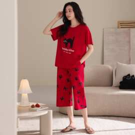 夏季新款爽棉女短袖七分裤套头睡衣大红喜庆休闲女家居服图片色